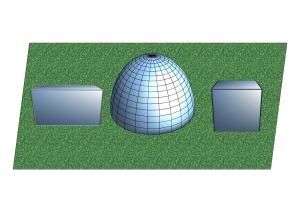 Représentation de 3 formes possibles pour un bâtiment : un parallélépipède, une demi-sphère et un cube.